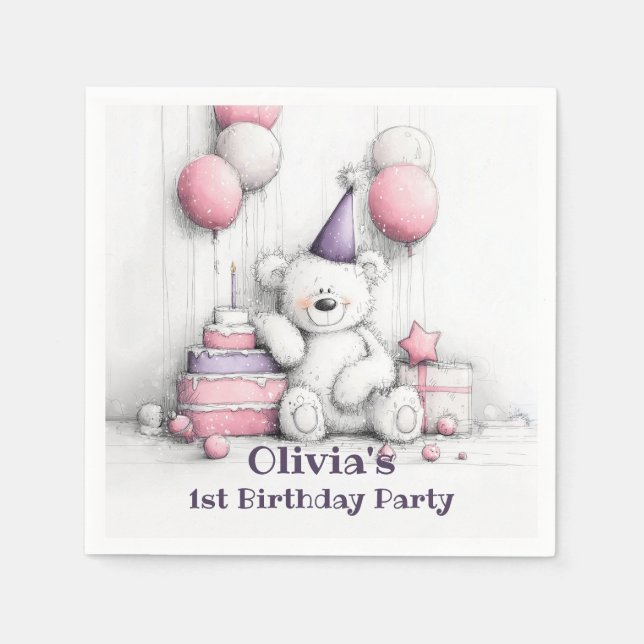 Cute Pink Teddy Bear 1st Birthday Party Napkin (Front)