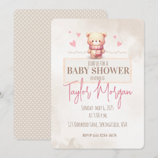 Cute Pink Teddy Bear Baby Shower  Invitation
