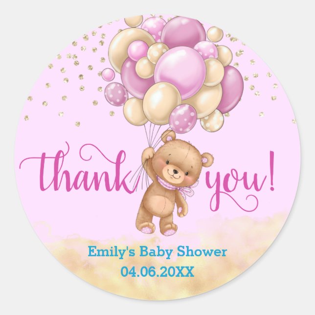 Cute Pink Teddy Bear Balloon Thank You Baby Shower Classic Round Sticker (Front)