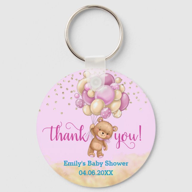 Cute Pink Teddy Bear Balloon Thank You Baby Shower Key Ring (Front)
