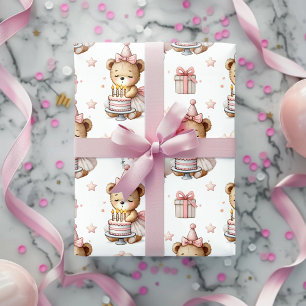 Cute Pink Teddy Bear Birthday Party Wrapping Paper