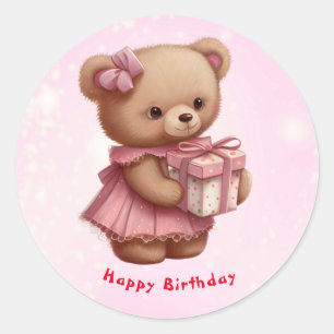 Cute Pink Teddy Bear Birthday Personalised Classic Round Sticker