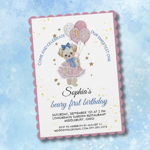 Cute Pink Teddy Bear first Birthday Girl Invitation