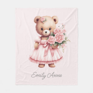Cute Pink Teddy Bear Flowers Child's Name Fleece Blanket