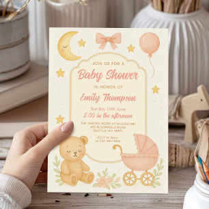 Cute Pink Teddy Bear Girl baby shower Invitation