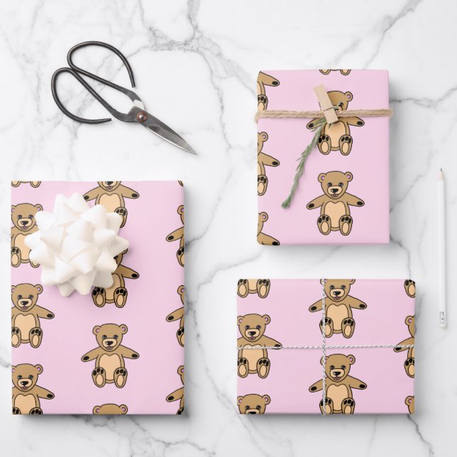 Cute Pink Teddy Bear Girl Pattern Wrapping Paper Sheet (Front)