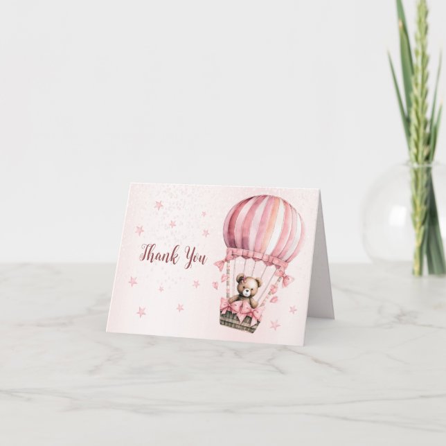 Cute Pink Teddy Bear Hot Air Balloon Beautiful Thank You Card (Front)
