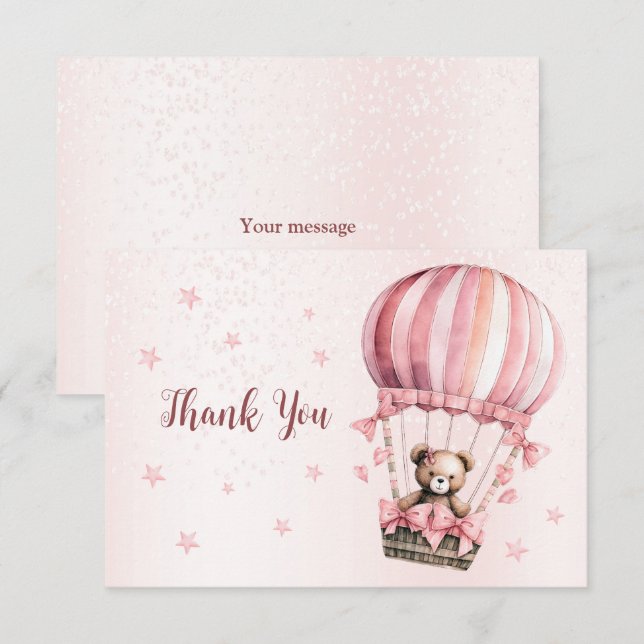Cute Pink Teddy Bear Hot Air Balloon Beautiful Thank You Card (Front/Back)