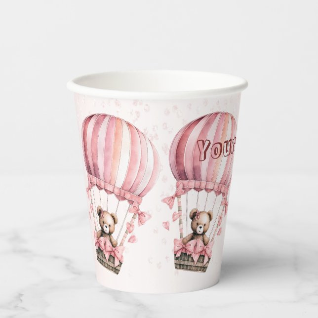 Cute Pink Teddy Bear Hot Air Balloon Party Paper Cups (Front)