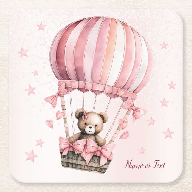Cute Pink Teddy Bear Hot Air Balloon Party Square Paper Coaster (Front)