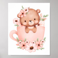Cute pink teddy bear in a cup with flowers 