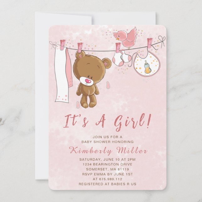Cute Pink Teddy Bear It's A Girl Baby Shower Invitation (Front)