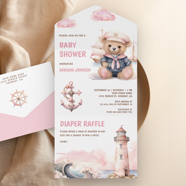Cute Pink Teddy Bear Nautical Girl Baby Shower All In One Invitation (Creator Uploaded)