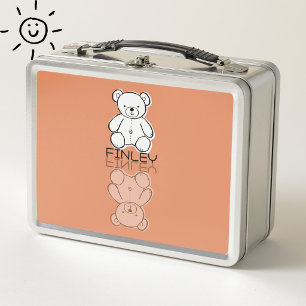 Cute Pink Teddy Bear Reflection Doodle Custom Name Metal Lunch Box