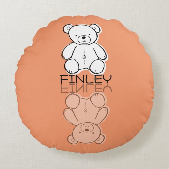 Cute Pink Teddy Bear Reflection Doodle Custom Name Round Cushion (Front)