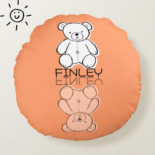 Cute Pink Teddy Bear Reflection Doodle Custom Name Round Cushion