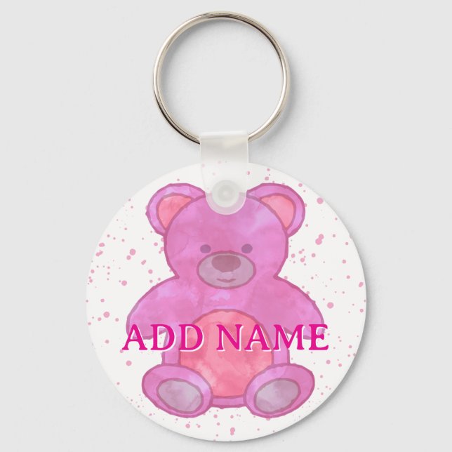 Cute Pink Teddy Bear Watercolor Custom Name Key Ring (Front)