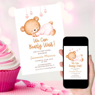 Cute pink Teddy bear Watercolor girls baby shower Invitation