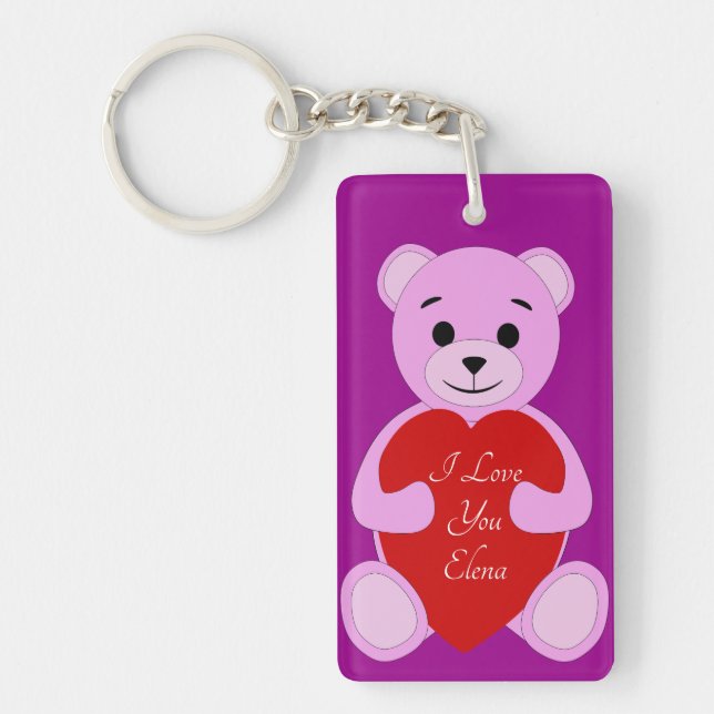 Cute Pink Teddy Bear with I Love You (Enter Name) Key Ring (Front)