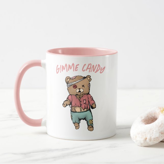 Cute Pink Teddy Bear Zombie Gimme Candy Halloween Mug (With Donut)