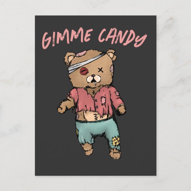 Cute Pink Teddy Bear Zombie Gimme Candy Halloween Postcard (Front)