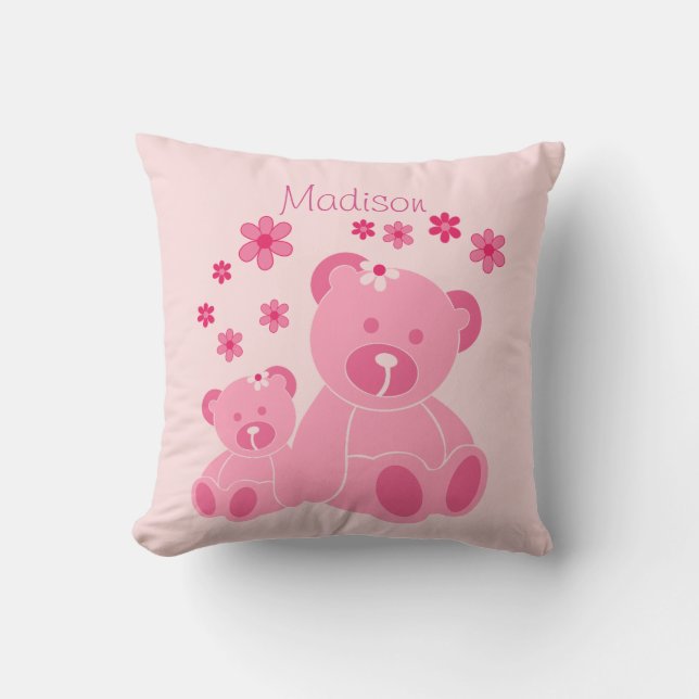 Cute Pink Teddy Bears and Flowers Personalised Cushion (Front)
