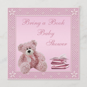 Cute Pink Teddy Bring a Book Baby Shower Invitation