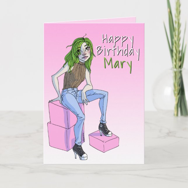 Cute Pink Teen Girl Illustration Birthday Card (Front)