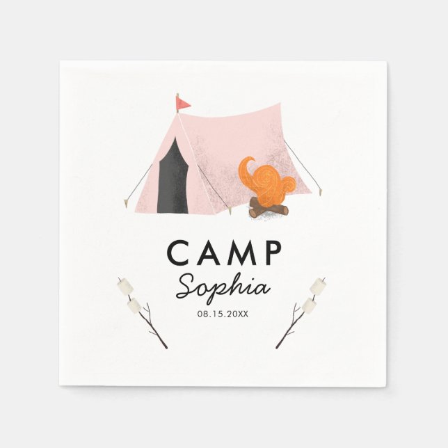 Cute Pink Tent Camping Birthday Party Napkin (Front)