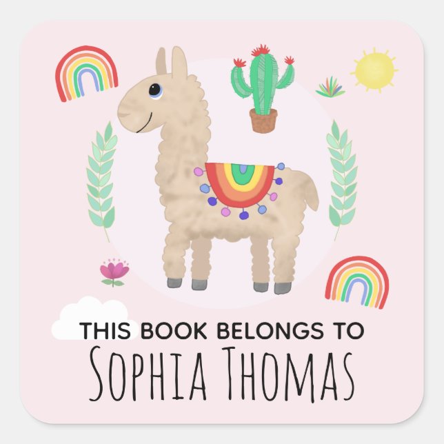 Cute Pink 'This Book Belongs' Llama Kids Bookplate Square Sticker (Front)