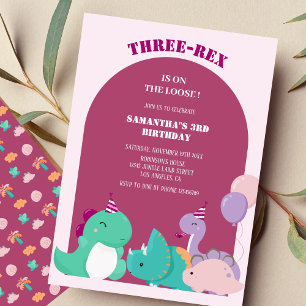 Cute pink three-rex 3rd dinosaur birthday invitation