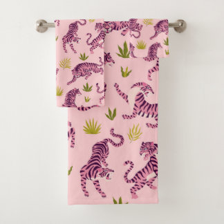 Cute Pink Tigers Tropical Leaves Abstract Animal Bath Towel Set