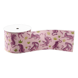 Cute Pink Tigers Tropical Leaves Abstract Animal Grosgrain Ribbon