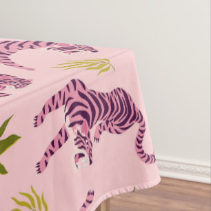 Cute Pink Tigers Tropical Leaves Abstract Animal Tablecloth