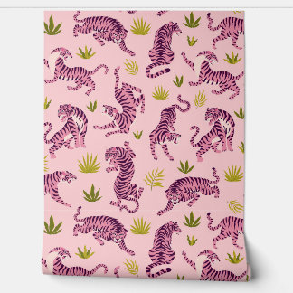 Cute Pink Tigers Tropical Leaves Abstract Animal Wallpaper