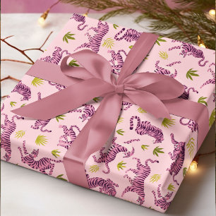 Cute Pink Tigers Tropical Leaves Abstract Animal Wrapping Paper