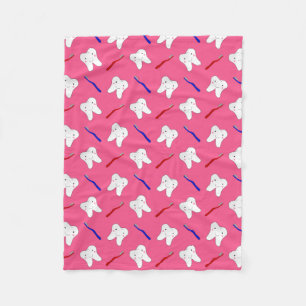 Cute pink toothburshes and teeth pattern fleece blanket