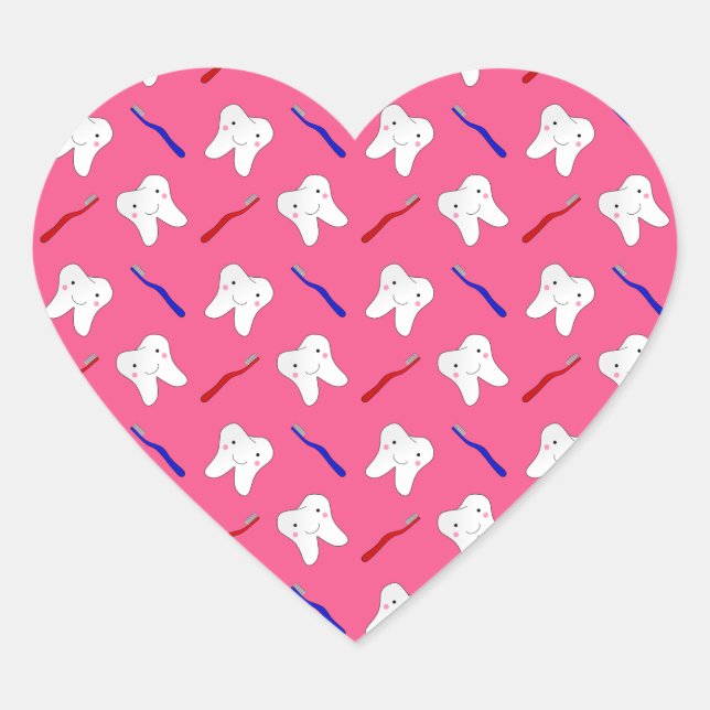Cute pink toothburshes and teeth pattern heart sticker (Front)