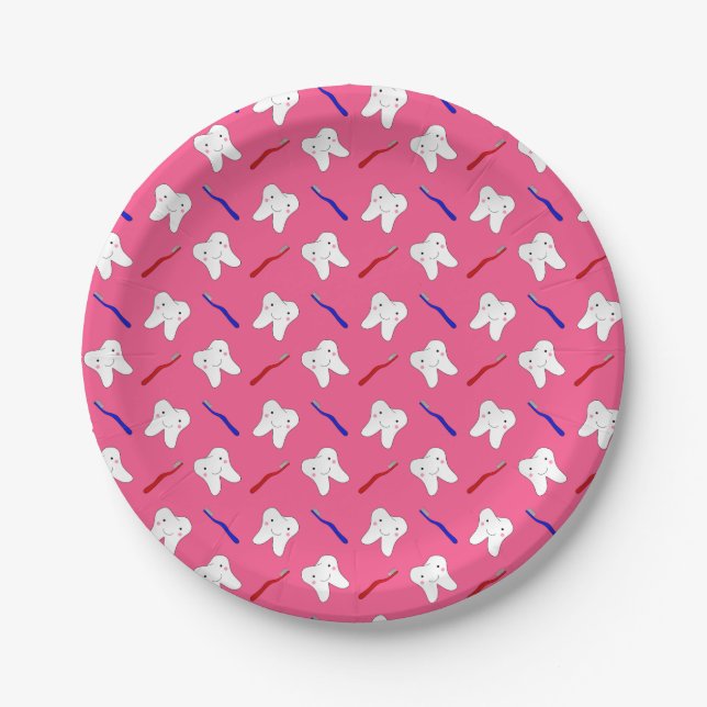 Cute pink toothburshes and teeth pattern paper plate (Front)