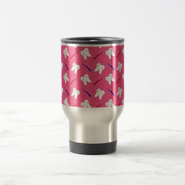 Cute pink toothburshes and teeth pattern travel mug (Center)