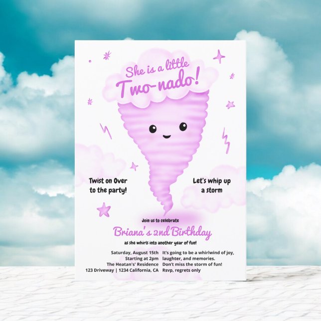 Cute Pink Tornado Themed 2nd Birthday Kids party Invitation (Cute Pink Tornado Themed 2nd Birthday Kids party Invitation)