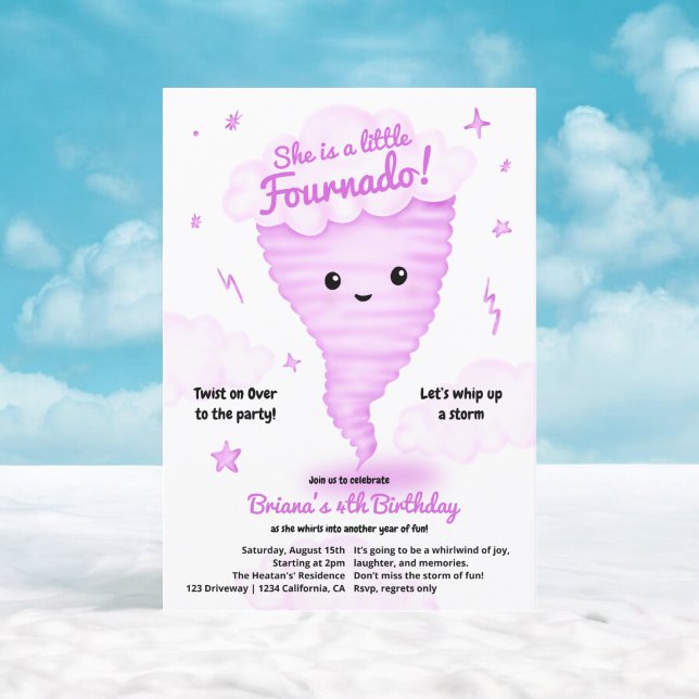 Cute Pink Tornado Themed 4th Birthday Kids party Invitation (Cute Pink Tornado Themed 4th Birthday Kids party Invitation)