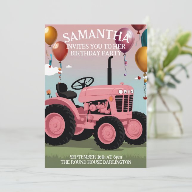 Cute Pink Tractor Birthday Card  (Standing Front)
