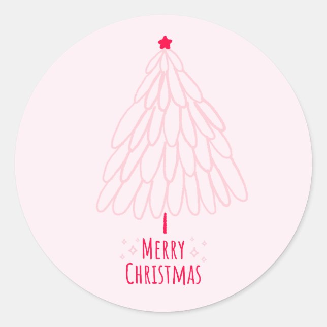 Cute Pink Tree Modern Merry Christmas  Classic Round Sticker (Front)