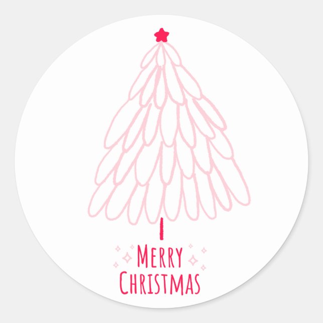 Cute Pink Tree Modern Merry Christmas  Classic Round Sticker (Front)