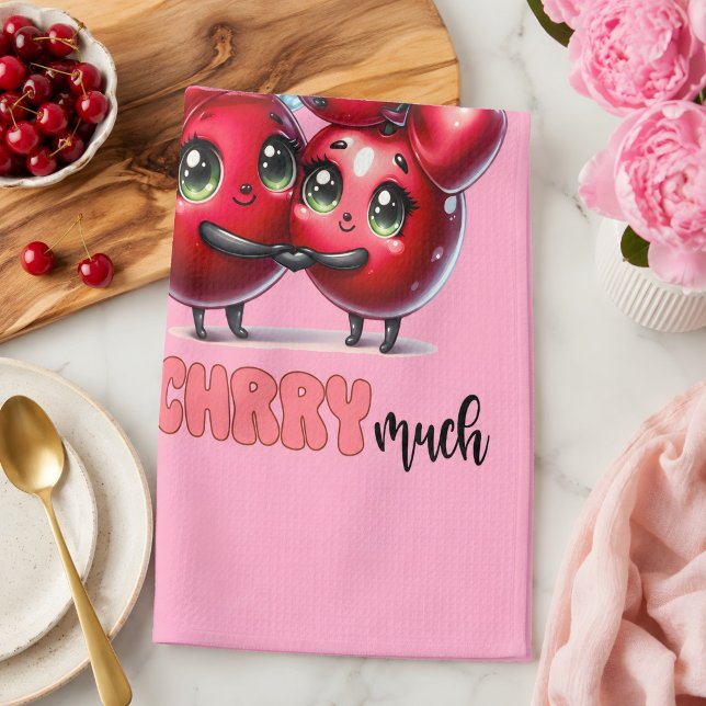 Cute Pink Trendy Red Cherry Couple Tea Towel (Cute kitchen towel. )
