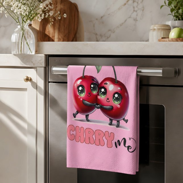 Cute Pink Trendy Red Cherry Couple Tea Towel (Kitchen towel 
)