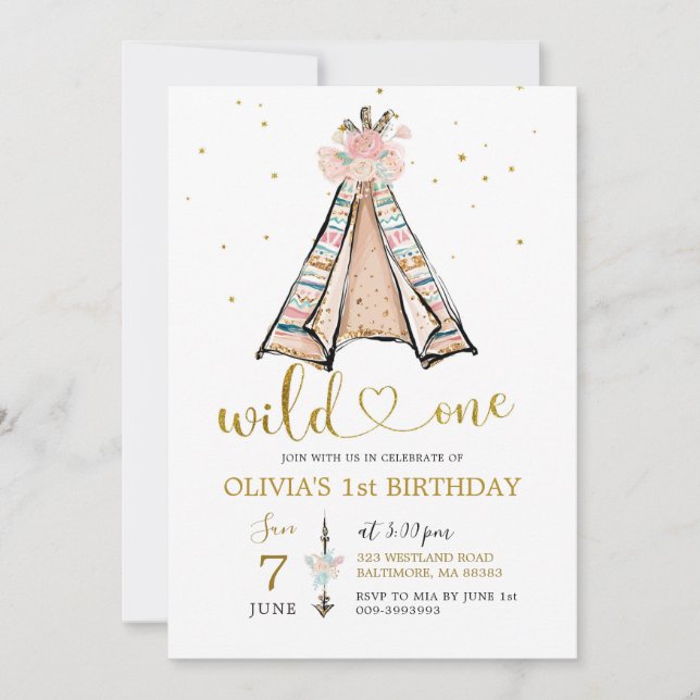 Cute Pink Tribal TeePee Wild One Birthday Invite (Front)