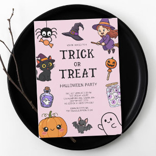 Cute Pink Trick or Treat Halloween Costume Party Invitation