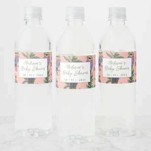 Cute Pink Tropical Bird Safari Baby Shower Water Bottle Label
